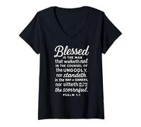 Femme Blessed is The Man Psaume 1:1 Verse biblique Écriture prière T-Shirt avec Col en V