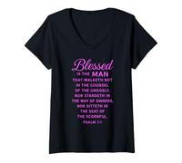Femme Blessed is The Man Psaume 1:1 Verse biblique Écriture prière T-Shirt avec Col en V