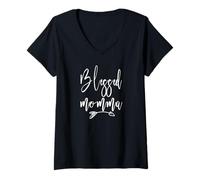 Femme Blessed Momma with Arrow Classy Trendy Script Fête des Mères T-Shirt avec Col en V