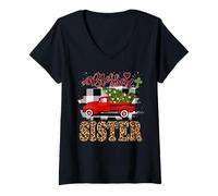 Femme Blessed Sister Red Truck Plaid Xmas Tree Family Christmas T-Shirt avec Col en V