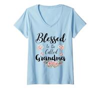 Femme Blessed to Be Called Grandma Femme Floral Mère Mignon Fête des Mères T-Shirt avec Col en V