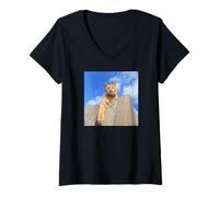 Femme Bleu ciel et thé tigre cat_001 T-Shirt avec Col en V