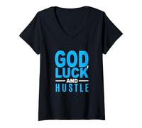 Femme Bleu Color God, Luck and Hustle Blue Graphic T-Shirt avec Col en V