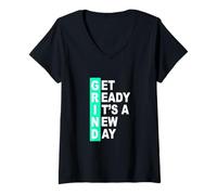 Femme Bleu Sarcelle Clair Aqua Get Ready It's A New Day - Grind Teal T-Shirt avec Col en V
