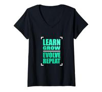 Femme Bleu Sarcelle Clair Aqua Learn Grow Evolve Repeat Aqua Graphic T-Shirt avec Col en V