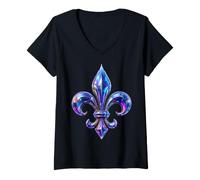 Femme Bleu Violet Fleur De Lis Icône Art héraldique Français T-Shirt avec Col en V