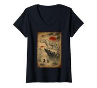 Femme Bloc de Bois Vintage Japonais Tigre Blanc et samouraï Coucher de Soleil T-Shirt avec Col en V