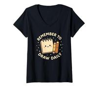 Femme Bloc-Notes Amusant avec Inscription « Remember to Draw Daily » T-Shirt avec Col en V