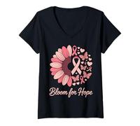 Femme Bloom for Hope Ruban Rose Tournesol Soutien Cancer du Sein T-Shirt avec Col en V