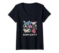 Femme Bloom Gentle Butterfly - Cottagecore Soft Esthétique Nature T-Shirt avec Col en V