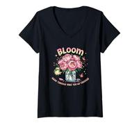 Femme Bloom Grow Through What You Go Through Pivoine T-Shirt avec Col en V