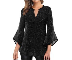 Femme Blouse à Paillettes Col Croisé en V Cache-Cœur Pailletté à Manches 3/4 à Taille Plissée Haut à Sequins Chic et Élégant Haut a Paillette Femme Soiree Disco Chemisier Tenue de Fete Pas Cher