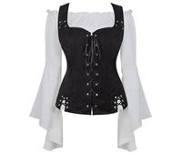 Femme Blouse Chemise Veste Pirate Set 2 pièces Vintage Gothique Victorien Rétro Médiévale Renaissance déguisement Costume Noir XL