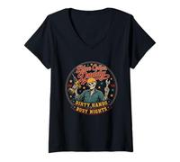 Femme Blue Collar Daddy Dirty Hands Busy Nights Squelette T-Shirt avec Col en V