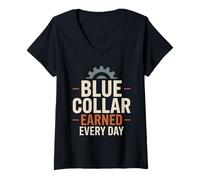 Femme Blue Collar Lifestyle Collier Bleu Pride Working Class T-Shirt avec Col en V