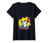 Femme Blue Frog Panneau de Paix rétro Pop Personnage Graphique Jaune T-Shirt avec Col en V