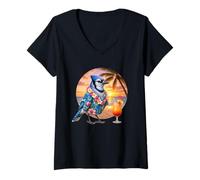 Femme Blue Geai Bird Cocktail hawaïen Vacances d'été Plage Coucher de Soleil T-Shirt avec Col en V