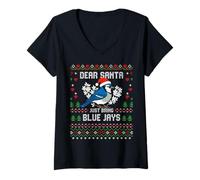 Femme Blue Jay Bird Pull de Noël Moche T-Shirt avec Col en V