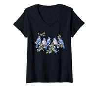 Femme Blue Jay Oiseaux Aquarelle Observation des Oiseaux T-Shirt avec Col en V