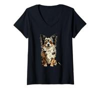 Femme Blue Merle Illustration Chihuahua à Poils Longs T-Shirt avec Col en V