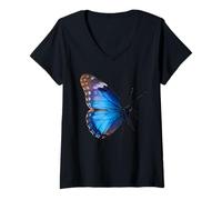 Femme Blue Morpho Papillon Insecte Tropical T-Shirt avec Col en V