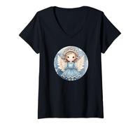 Femme Blue Winter Accessories for Women Cute Christmas Angel T-Shirt avec Col en V