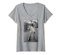 Femme Bob Marley x David Burnett Photo Guitare en Noir et Blanc T-Shirt avec Col en V, Gris Chiné, L