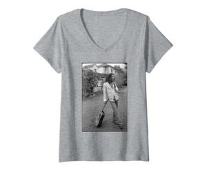 Femme Bob Marley x David Burnett Photo Guitare en Noir et Blanc T-Shirt avec Col en V, Gris Chiné, L
