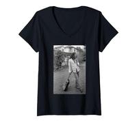 Femme Bob Marley x David Burnett Photo Guitare en Noir et Blanc T-Shirt avec Col en V, Noir, L
