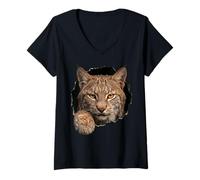 Femme Bobcat Breaking Through Torn Hole Wild Cat Graphic T-Shirt avec Col en V