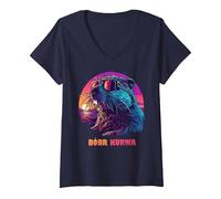 Femme Bobr Kurwa - Bober Bobr Castor T-Shirt avec Col en V, Bleu Marine, M