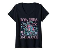 Femme Boca Chica Beach TX Décoration de plage colorée pour amoureux des tortues T-Shirt avec Col en V