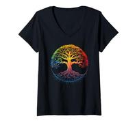 Femme Bodh Gaya Bodhi Arbre de méditation Chakra Arc-en-Ciel T-Shirt avec Col en V
