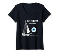 Femme Bodrum Turquie Goélette de Bateau à Voile Motif Vacances T-Shirt avec Col en V