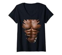 Femme Body Builder pour Hommes Noirs Six Pack Muscle drôle Faux T-Shirt avec Col en V