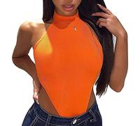 Femme Body String Halter Combinaison en Tricot à sans Manches Justaucorps Chic à Épaules Nues Jumpsuit Moulant Sexy Top Décontracté Bodysuit Été (Orange, S)