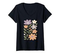 Femme Boho Cottage Core Fleurs sauvages rétro Fleurs botaniques florales T-Shirt avec Col en V