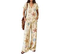 Femme Boho Ensemble 2 Pièces Style Ethnique 3D Imprimé Col V T-Shirts Manches Courtes Pantalons à Jambes Larges Tenues Assorties Ensemble de Lounge