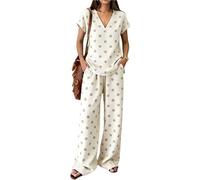 Femme Boho Ethnique Imprimé Ensembles 2 Pièces Décontractés Ensembles Col V Manches Courtes Haut et Pantalons à Jambes Larges Ensembles de Lounge Survêtement