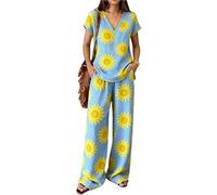 Femme Boho Fleurs Imprimé Col V T-Shirts Manches Courtes & Pantalons à Jambes Larges Ensemble 2 Pièces Décontracté Vacances Loungewear