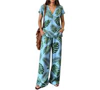Femme Boho Fleurs Imprimé Col V T-Shirts Manches Courtes & Pantalons à Jambes Larges Ensemble 2 Pièces Décontracté Vacances Loungewear