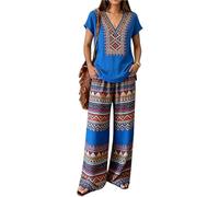 Femme Boho Fleurs Imprimé Col V T-Shirts Manches Courtes & Pantalons à Jambes Larges Ensemble 2 Pièces Décontracté Vacances Loungewear