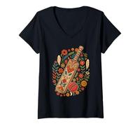 Femme Boho Floral Cricket Bat and Ball Summer T-Shirt avec Col en V