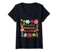 Femme Boho Floral Liberté Démocratie Vérité Patriotique 4 Juillet T-Shirt avec Col en V