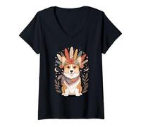 Femme Boho Floral Pembroke Welsh Corgi Corgis T-Shirt avec Col en V