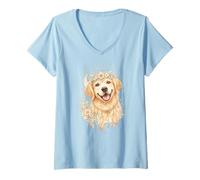 Femme Boho Golden Retriever Floral Crown Aquarelle Art Esthétique Art T-Shirt avec Col en V