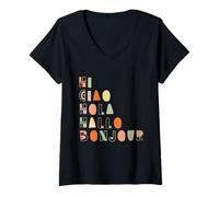 Femme Boho Hi Salutations multilingues pour Les Voyageurs Amateurs de Langues T-Shirt avec Col en V