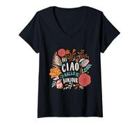 Femme Boho Hi Salutations multilingues pour Les Voyageurs Amateurs de Langues T-Shirt avec Col en V