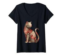 Femme Boho Patchwork Chat Vintage Floral Kitty Silhouette T-Shirt avec Col en V