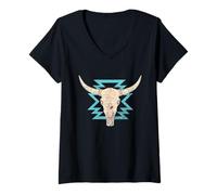 Femme Boho Vache crâne Taureau Femme Cowgirl Vintage Country Girl T-Shirt avec Col en V
